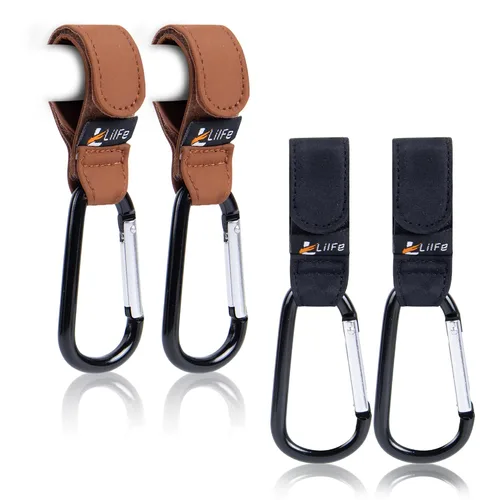 Vista 12 de 2 ganchos negros para cochecito de bebé para colgar Correas multiusos para cochecito con clips duraderos y elegantes para bolsas de pañales El