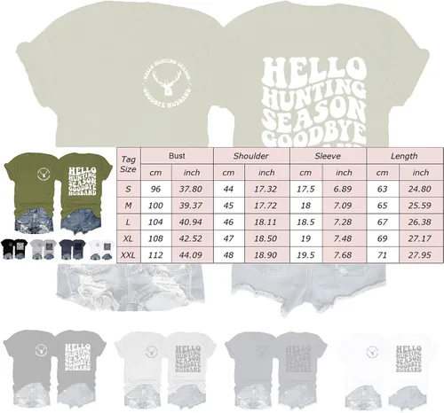 Vista 4 de MCILLO Camiseta de manga corta con cuello redondo para mujer con texto en inglés Hello Hunting Season Goodbye Husse