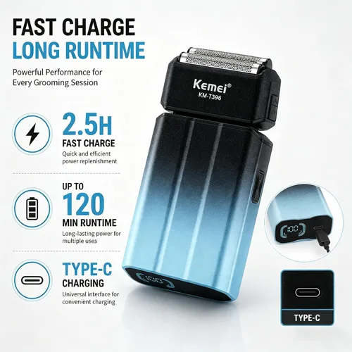 Vista 4 de Kemei KM-T396 - Afeitadora eléctrica para hombres con 3 cuchillas flotantes, afeitadora eléctrica inalámbrica recargable de 7500 RPM para hombre