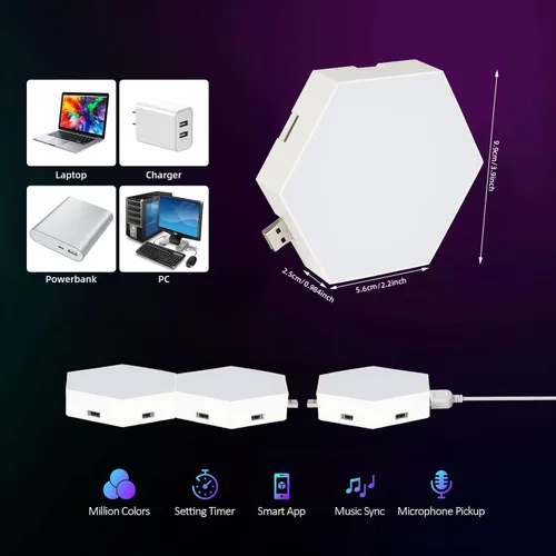 Vista 5 de Vcwtty Paneles de Luces Hexagonales para Pared, Luces LED Inteligentes de Pared con APP, Ensamblaje Modular DIY con Sincronización de Música RGB