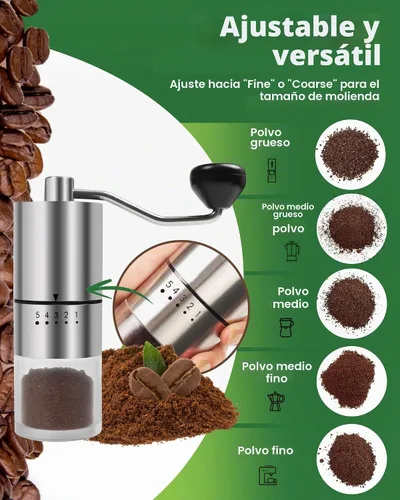 Vista 8 de Molinillo de café manual de acero inoxidable para goteo, prensa francesa, 5 ajustes ajustables, molinillo de café de mano, para uso doméstico