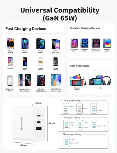 Vista 3 de Bloque de cargador USB C de 65 W, bloque de carga rápida de 3 puertos GaN de 65 W, cargador de pared rápido tipo C, compatible con todas