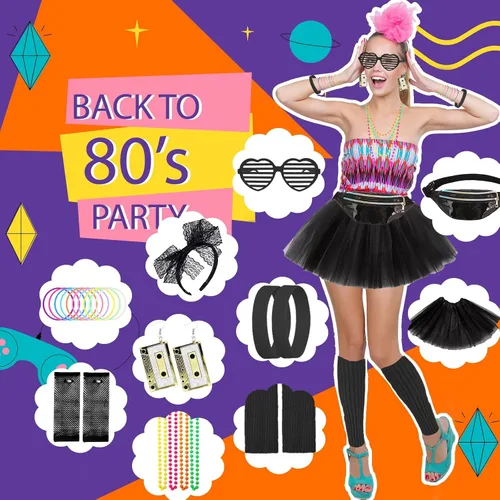 Vista 5 de Vestido elegante de los años 80 para mujeres y niñas, conjunto de accesorios de disfraz de fiesta de los años 80 con falda tutú, traje retro
