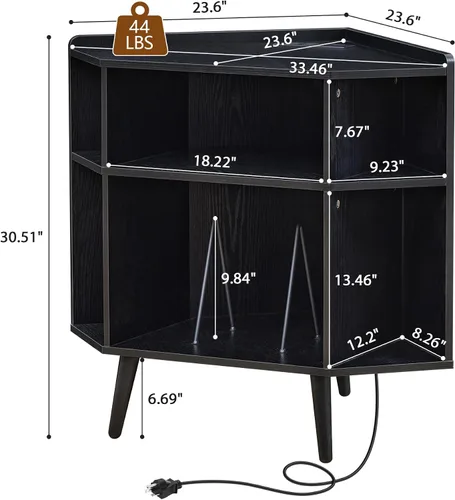 Vista 2 de Soporte esquinero para tocadiscos con estación de carga y puertos USB, gabinete de almacenamiento de discos de vinilo moderno de 3 niveles