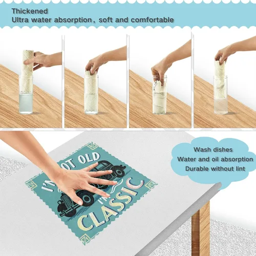 Vista 4 de Juego de 6 paños de cocina retro de los años 60 con estampado de automóvil brillante, toallas de cocina para la cocina, toallas brillantes