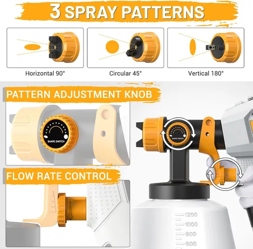 Vista 2 de Pulverizador de pintura HVLP de 700 W, pistola de pintura eléctrica, contenedor de alta capacidad de 40.6 fl oz, fácil de limpiar, 5 boquillas