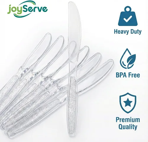 Vista 7 de JoyServe Cuchillos de plástico transparente resistentes, utensilios de fiesta resistentes al calor, sin BPA, cuchillos de plástico resistente