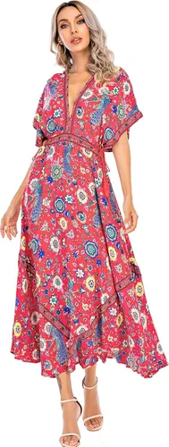 Vista 3 de R.Vivimos Vestidos largos de playa de algodón con cuello en V profundo y estampado de verano para mujer