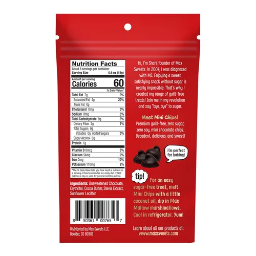 Vista 2 de Max Sweets - Mini chispas de chocolate veganas - Deliciosos dulces sin azúcar, ideales para dietas cetogénicas, sin gluten, diabéticos, bajas