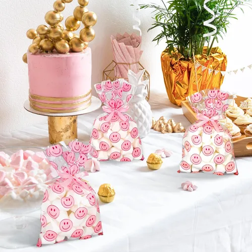 Vista 6 de Whaline 100 bolsas de celofán con patrón de sonrisa rosa con cintas, bolsas de golosinas para celofán con sonrisas, bolsas de golosinas