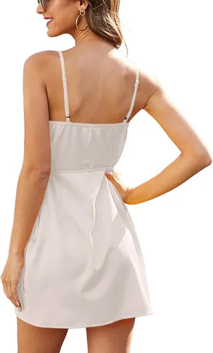 Vista 2 de OPOIPIN Minivestido de satén con cuello en V y tirantes delgados, sin mangas, dobladillo fruncido, para fiesta