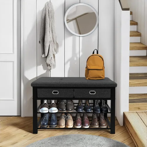 Vista 4 de Finnhomy - Zapatero de entrada con asiento acolchado, banco de zapatos para entrada, organizador de almacenamiento de zapatos de 3 niveles con 2