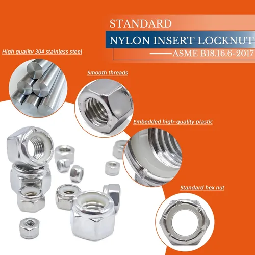 Vista 3 de Tuercas de bloqueo de nailon de 1/2 "-13, 20 tuercas de seguridad de nailon SAE 304 de acero inoxidable, tuercas de bloqueo hexagonales