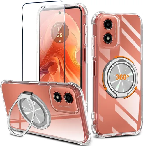 Vista 8 de Funda para teléfono Motorola Moto G24 / G04 / G04S / E14 4G con protector de pantalla de vidrio templado Soporte de anillo giratorio de 360° Soporte