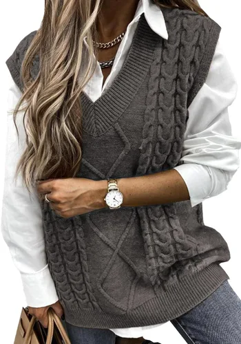 Vista 11 de EVALESS Chaleco Suéter de Gran Tamaño para Mujeres Cuello en V Sin Mangas Color Sólido Suéter Pullover Suelto 1 caqui.