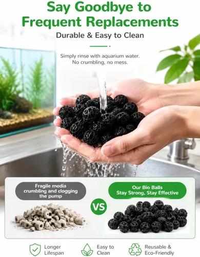 Vista 3 de J-star 50 bolas de filtro bio para tanque de peces de 1 pulgada, medios de filtro para acuario y estanque, incluye bolsas de filtro para filtro