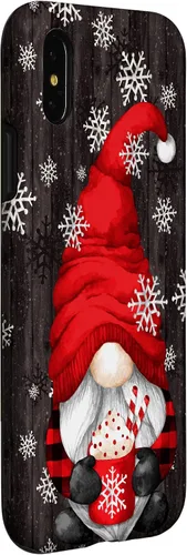 Vista 3 de Funda de Navidad para iPhone X/XS con diseño de gnomo rojo para mujer, con taza de cacao caliente, bonita funda de Navidad