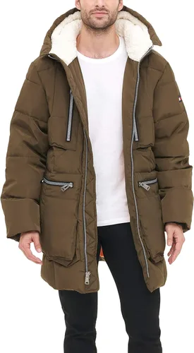 Vista 3 de Tommy Hilfiger Parka pesada acolchada con capucha Sherpa para hombre, Blanco Verde militar