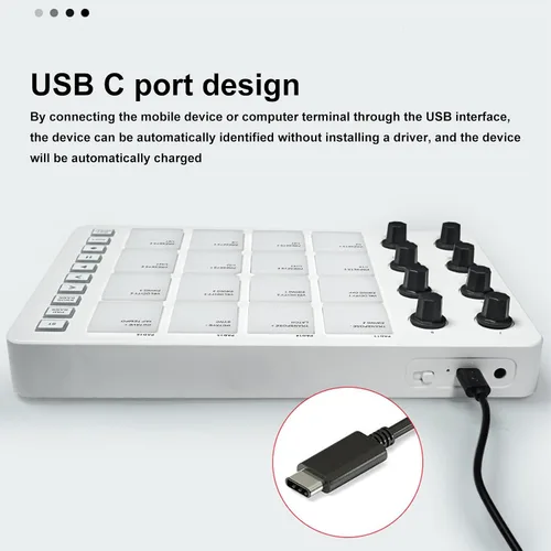 Vista 2 de Controlador MIDI Pad portátil, controlador MIDI Bluetooth SMC PAD con 16 almohadillas retroiluminadas RGB, 8 perillas asignables, repetición