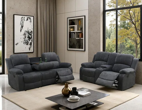 Vista 51 de Juego de Muebles para Sala de Estar, Juego de Sofá Reclinable Manual, Juegos de Sofás Reclinables de Cuero Beige con Mesa Desplegable, Sofá