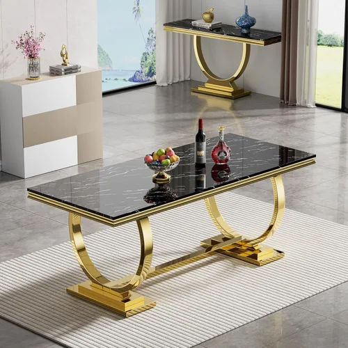 Vista 5 de Juego de 5 mesas de comedor, juego de mesa de cocina y comedor para 4, mesa de comedor rectangular de mármol sintético negro de 70 pulgadas con base