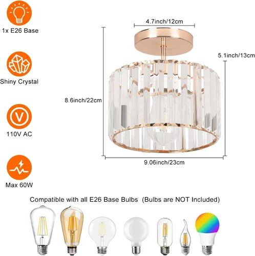 Vista 5 de Lámpara de techo de cristal semiempotrada, lámpara de techo de cristal para pasillo, lámpara dorada para entrada, dormitorio, baño, sala de estar