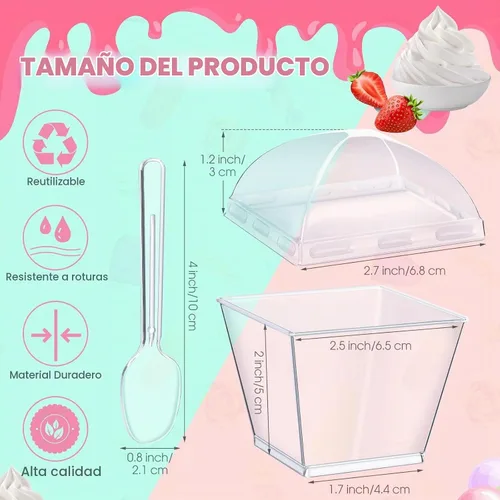Vista 2 de Mimorou - 450 tazas de postre de 3 onzas con tapas y cucharas cuadradas Recipientes transparentes de parfait para pudín, yogur, helado, golosinas