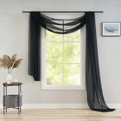 Vista 3 de poefun Cortinas transparentes negras para ventanas, toldo drapeado, cortina de cama, bufanda, camino de mesa de boda, sala de estar, dormitorio