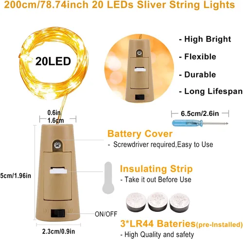 Vista 2 de VOOKRY - Luces para botellas de vino con corcho, 16 unidades, 20 luces LED de hadas, luces de corcho de alambre de cobre mini, funciona