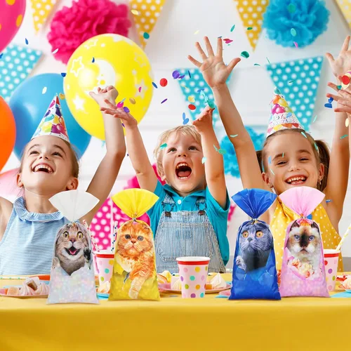Vista 3 de Hotop 100 bolsas de celofán con 150 corbatas, suministros de decoración de cumpleaños con temática de gatito, suministros para niños, hogar, aula