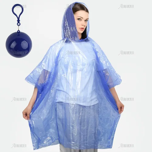 Vista 2 de AUEAR, Impermeable de emergencia desechable portátil Poncho de lluvia impermeable en una bola para viajar, acampar al aire libre