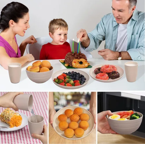 Vista 3 de Juego de vajilla de paja de trigo para 4, platos y tazones de paja de trigo, platos de cocina, 28 piezas, artículos esenciales para dormitorio