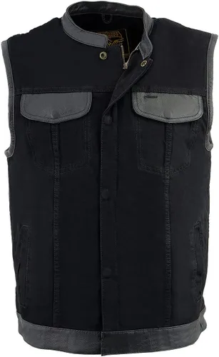 Vista 8 de Milwaukee Leather MDM3010 - Chaleco de motociclista estilo club de mezclilla negra para hombre con ribete de cuero y cremallera oculta