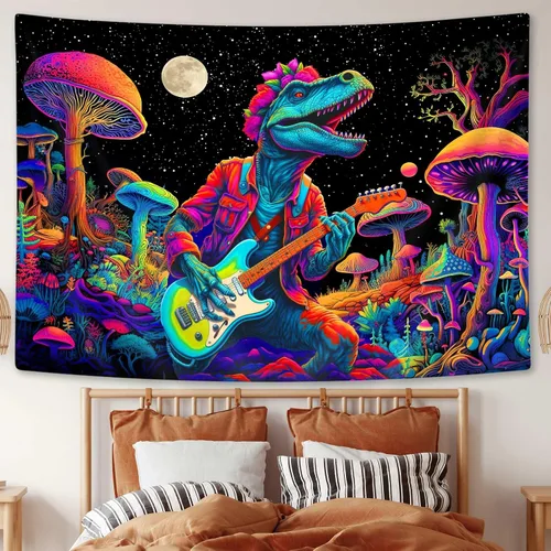 Vista 3 de SAOLUIS Tapiz de luz negra de dinosaurio, divertidos tapices de hongos de dinosaurio de neón reactivo a los rayos UV para colgar en la pared, tapiz