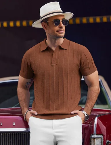 Vista 136 de COOFANDY Camisas polo de punto para hombre de manga corta con textura acanalada Camisas de golf casuales y ligeras con cuello Camiseta de polo