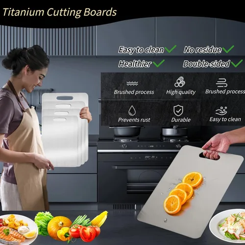 Vista 2 de Tabla de cortar de titanio para cocina, juego de 2/3 – Tabla de cortar de doble cara de grado alimenticio para carne, diseño colgable, fácil