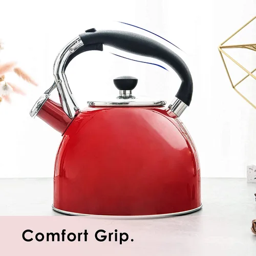 Vista 7 de Hervidor de té silbante: hervidor de acero inoxidable de 2.5 cuartos con fondo de cápsula y tapa de vidrio resistente al calor (rojo) Tetera roja