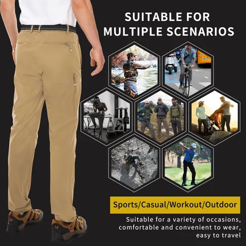 Vista 2 de NOUKOW Pantalones de senderismo para hombre, de secado rápido, ligeros, impermeables, elásticos, 6 bolsillos con cremallera y cinturón