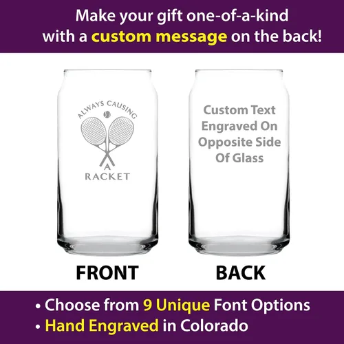 Vista 2 de Custom Causing A Racket – Vaso de cerveza personalizado – Decoración divertida temática de tenis y regalos – Vasos de 16 onzas