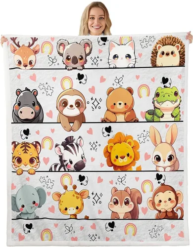 Vista 35 de Manta de franela de animales de dibujos animados para todas las estaciones, manta de cama azul con estampado de amor Kawaii para decoración