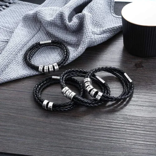 Vista 6 de Pulseras de identificación personalizables de cuero negro trenzado para hombre y mujer con 2-5 nombres grabados en cuentas personalizadas pulsera