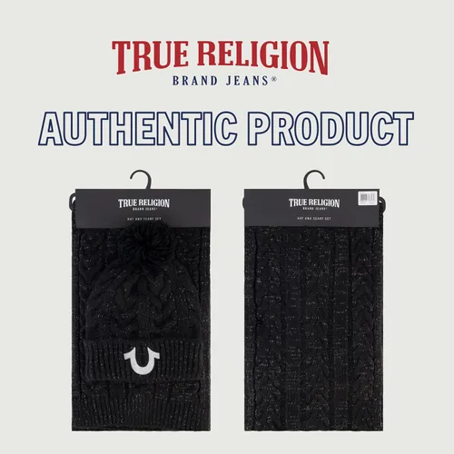 Vista 6 de True Religion Conjunto de gorro y bufanda para mujer, gorro de punto con puños de invierno con pompón de cable lúrex y gorro de bufanda