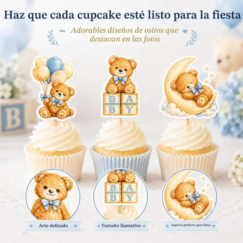 Vista 8 de ALISSAR We Can Bearly Wait - Decoraciones para baby shower, 36 adornos para cupcakes de oso azul