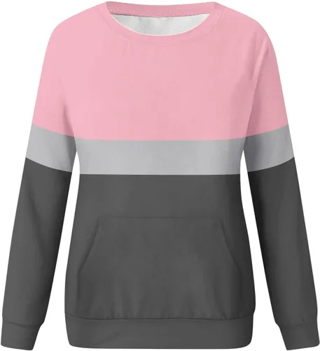 Vista 4 de Sudaderas de otoño para mujer, color liso, manga larga, cuello redondo, informal, con bolsillo, holgadas, cómodas