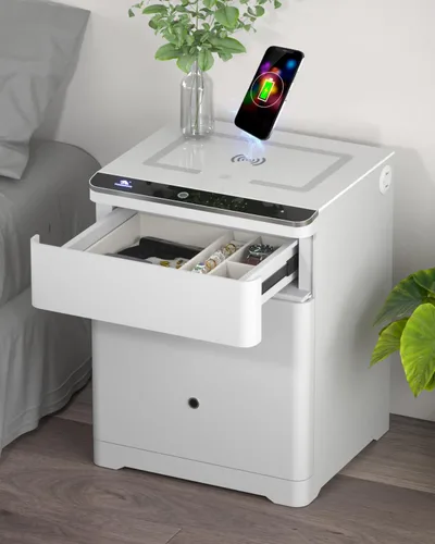 Vista 11 de TIGERKING Caja fuerte biométrica 3 en 1, caja fuerte inteligente para el hogar con estación de carga, cajón de armas, iluminación ajustable segura