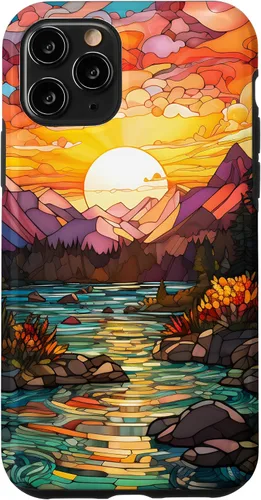 Vista 29 de iPhone 16 Sunset Stained Glass Mosaic Landscape Scene Case