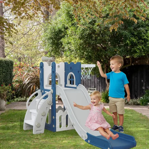Vista 7 de LulliSpace Tobogán 6 en 1 para Niños Pequeños, Escalador Deslizante para Niños para Patio de Juegos Interior y Exterior con Aro de Baloncesto