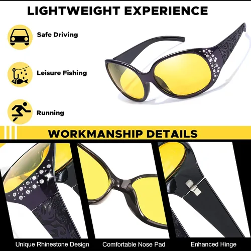 Vista 37 de LVIOE Gafas de conducción de visión nocturna envolventes antirreflejos con lente amarilla polarizada para mujer