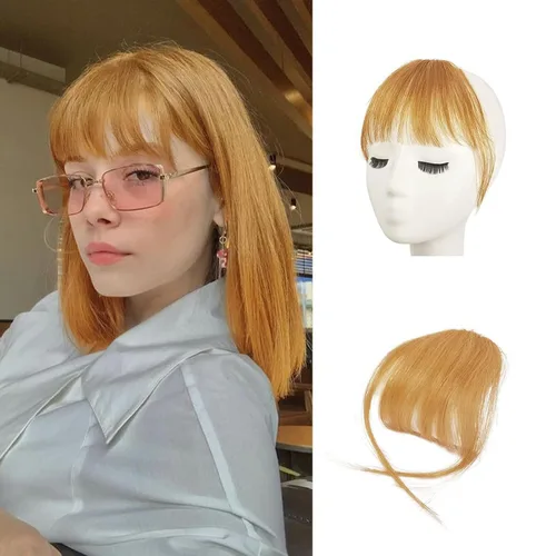 Vista 25 de BARSDAR Flequillo postizo de pelo humano real - Flequillo postizo 100% pelo humano para mujeres - Extensiones de flequillo ondulado castaño rojizo