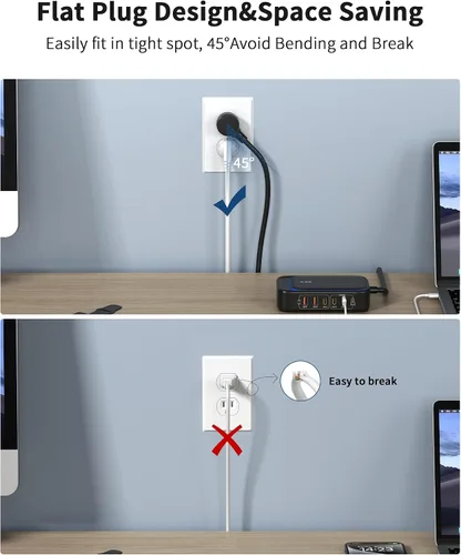 Vista 6 de Regleta de alimentación 7 en 1, regleta de alimentación PD USB C de 85W con 3 USB-C, 2 puertos USB-A y toma de corriente AC de 2500W, enchufe plano